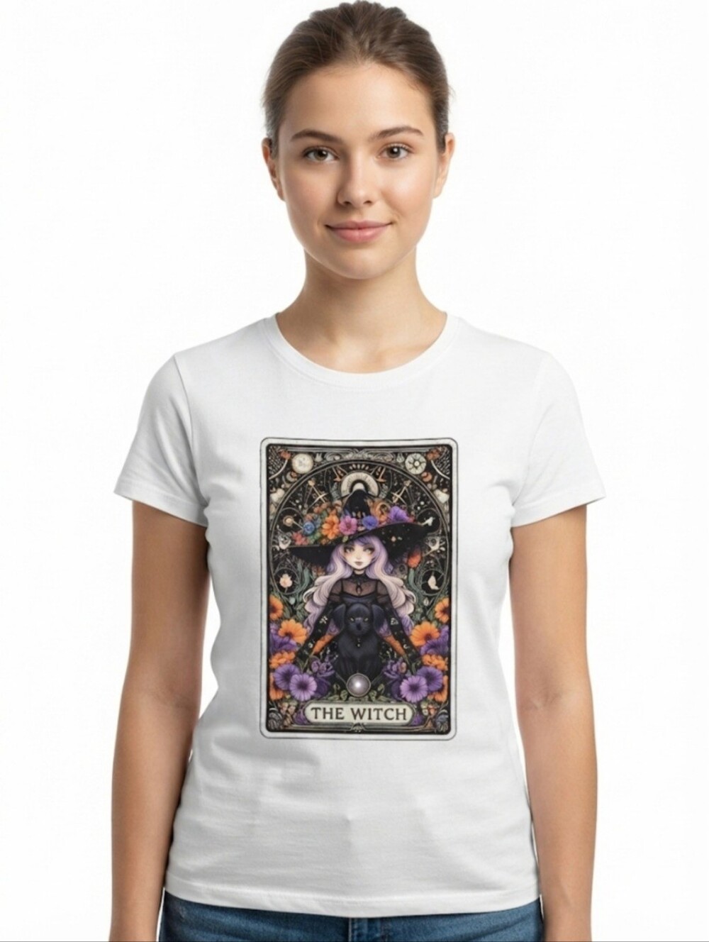 Upcycled Witch Tarot T-Shirt M White Gothic Halloween Fall Graphic Tee OOAK DTF